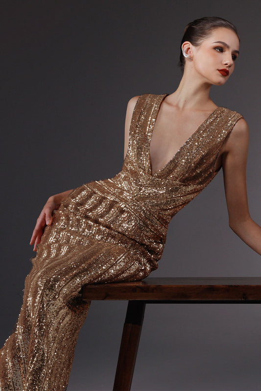 Venusia Pegged Plunge Neck Sequin Ankle Length Dress