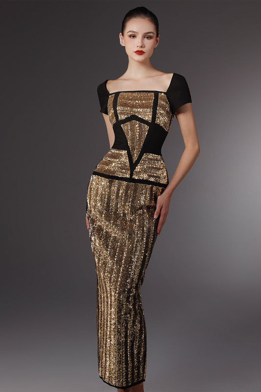 Sculpting Sheath Short Sleeved Sequin Ankle Length Dress