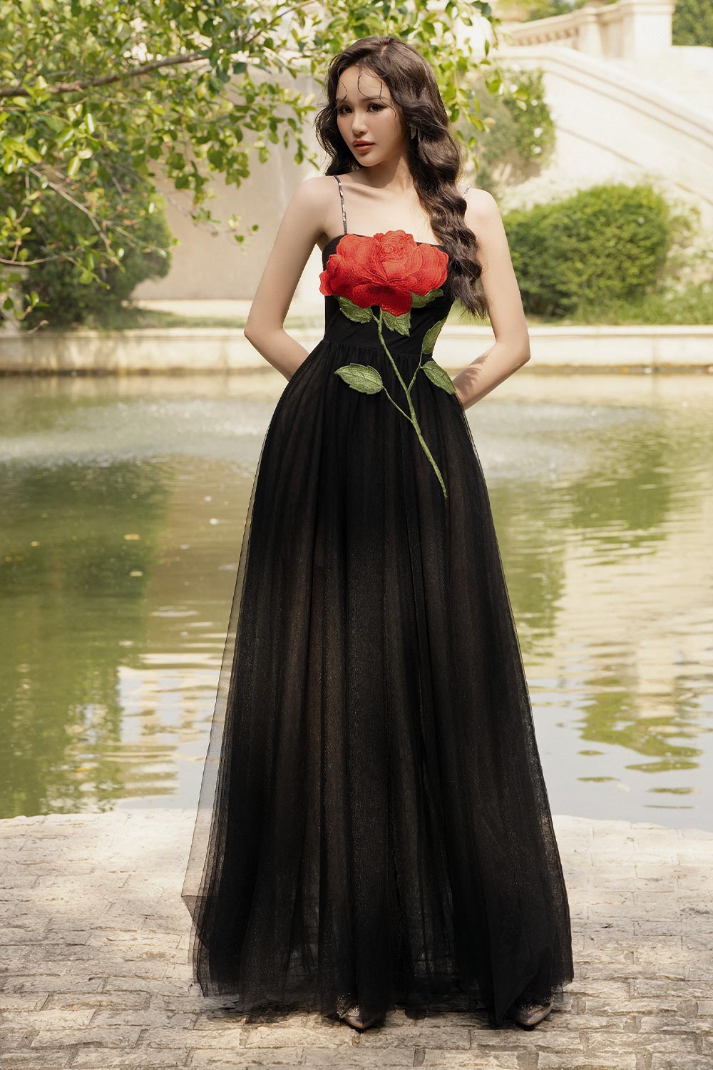 Women's Red Love A-line Spaghetti Strap Mesh Floor Length Dress S/M/L Black MEAN BLVD Black / L