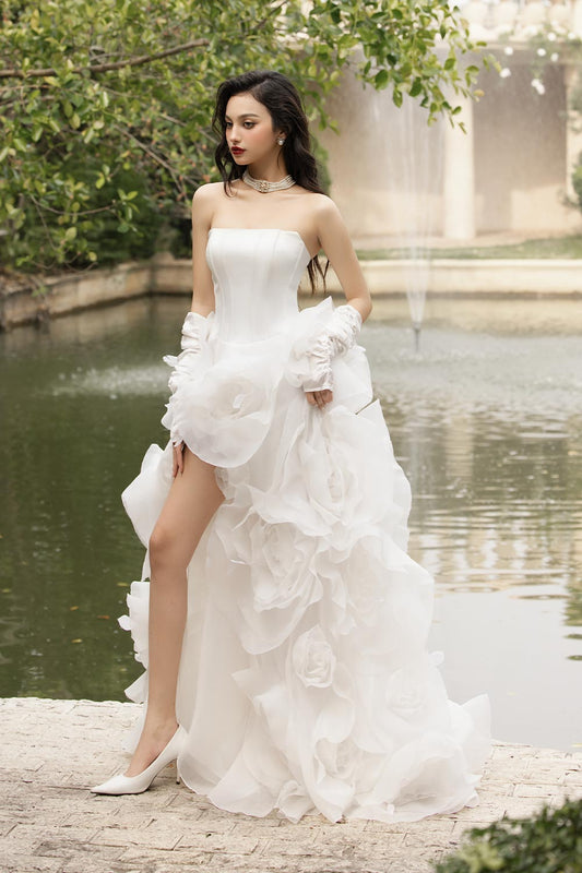 Jubilee of Jewels Slit Floral Mesh Taffeta Floor Length Dress