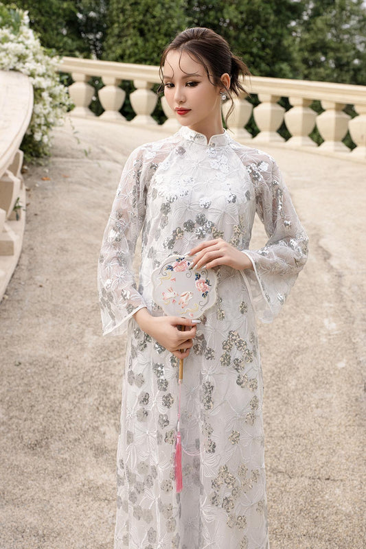Suong Mai Straight Mandarin Neck Sequin Floor Length Ao Dai Set