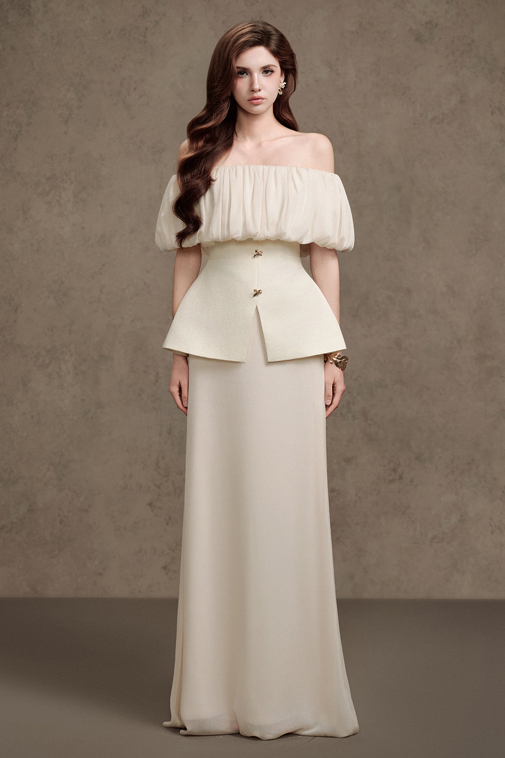 Women's Suni Peplum Off-Shoulder Taffeta Silk Top S/M/L/Customize Cream  White MEAN BLVD