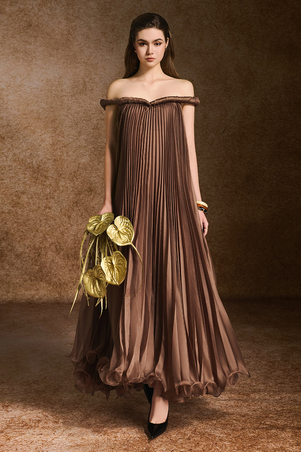 Women's Eterna A-line Off-Shoulder Silk Organza Maxi Dress S/M/L/XL/Customize Bronze Brown MEAN BLVD Bronze Brown / XL Women's Eterna A-line Off-Shoulder Silk Organza Maxi Dress S/M/L/XL/Customize Bronze Brown MEAN BLVD Bronze Brown / XL