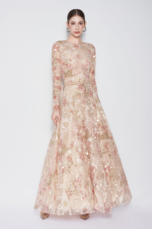 Tidal Whisper A-line Jewel Neck Embroidered Lace Maxi Dress