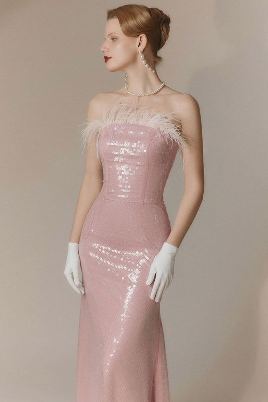 Amour Strapless Feather Mesh Floor Length Dress