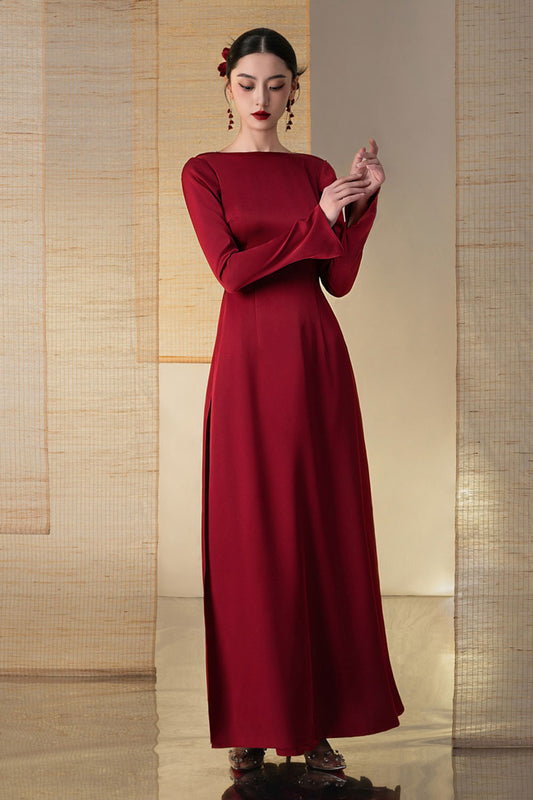 Thanh Sac A-line Boat Neck Twill Silk Floor Length Ao Dai Set