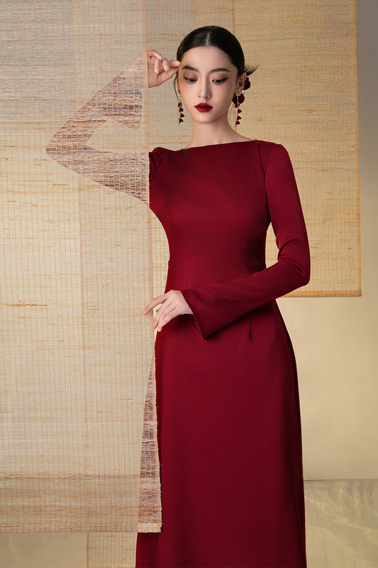 Thanh Sac A-line Boat Neck Twill Silk Floor Length Ao Dai Set