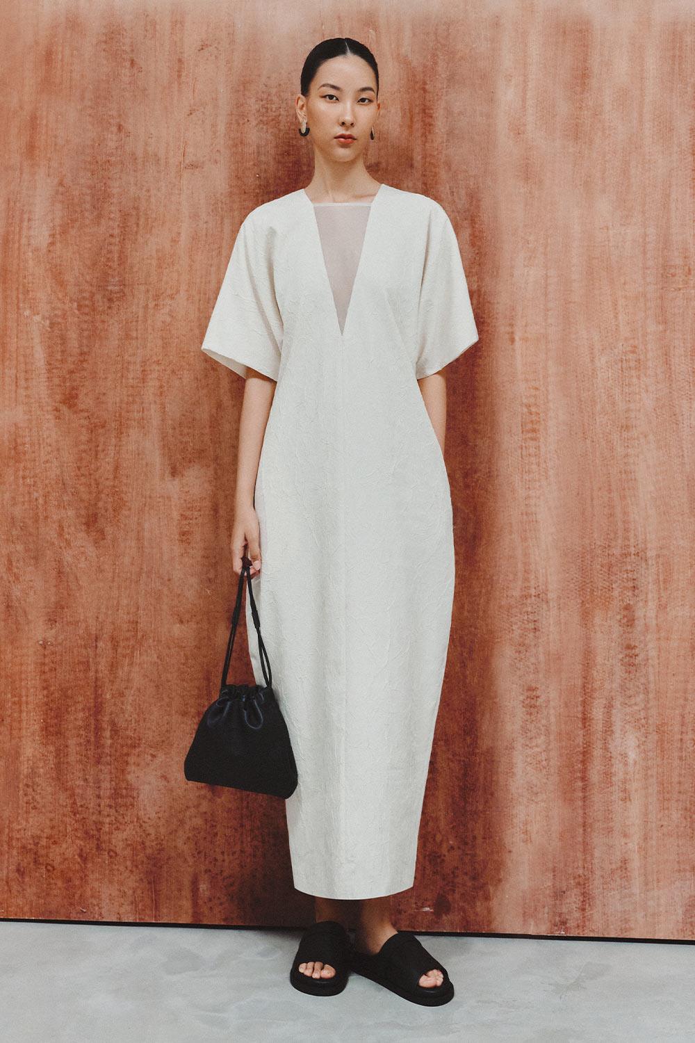 casey maxi dress Women's Casey Cocoon Short Sleeved Foam Maxi Dress S/M/Customize Cream MEAN BLVD Cream / Customize