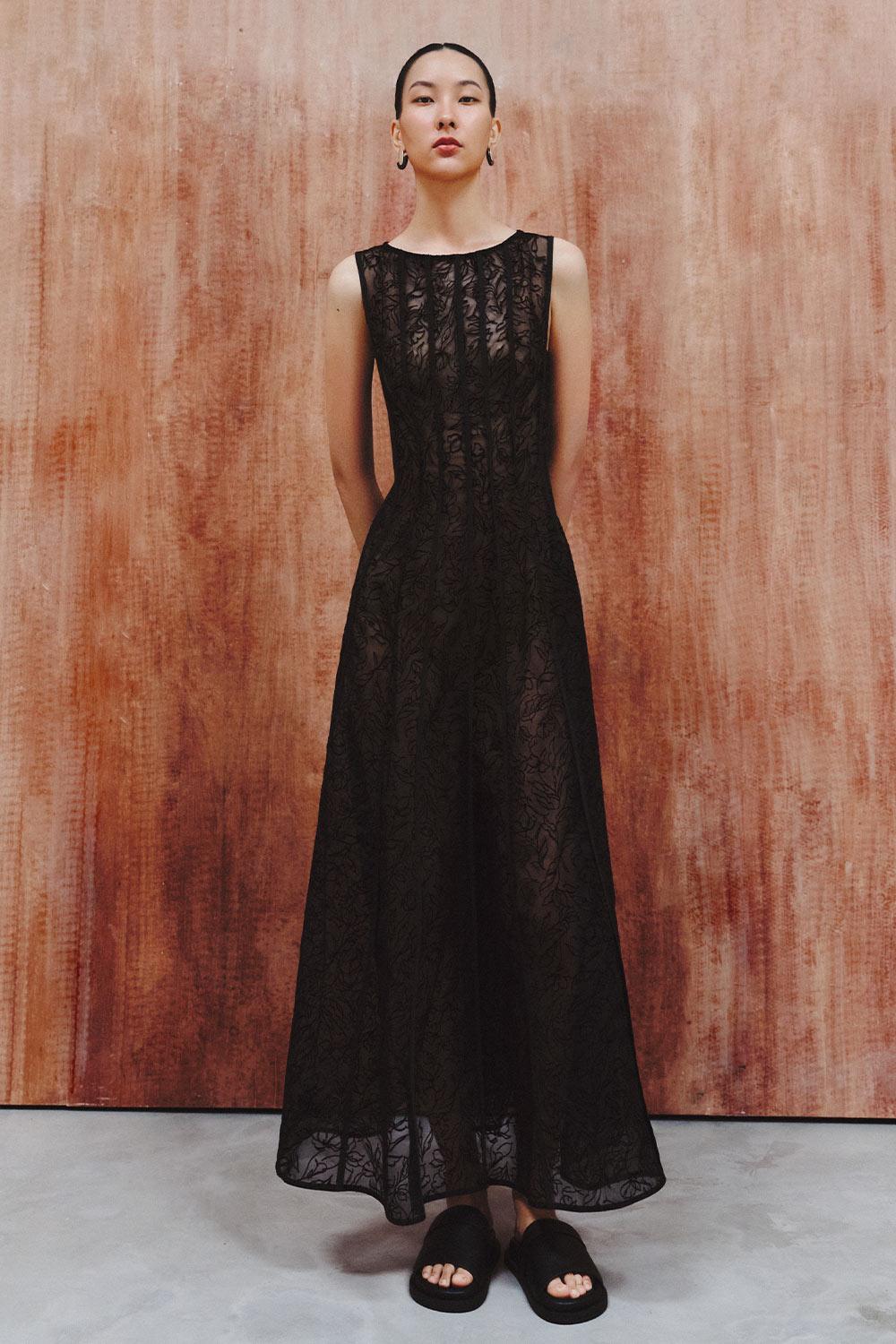 ankle length maxi dress Women's Garcia A-line Boat Neck Poly Organza Ankle Length Dress XS/S/M/L/Customize Black Floral MEAN BLVD XS / Black / Floral