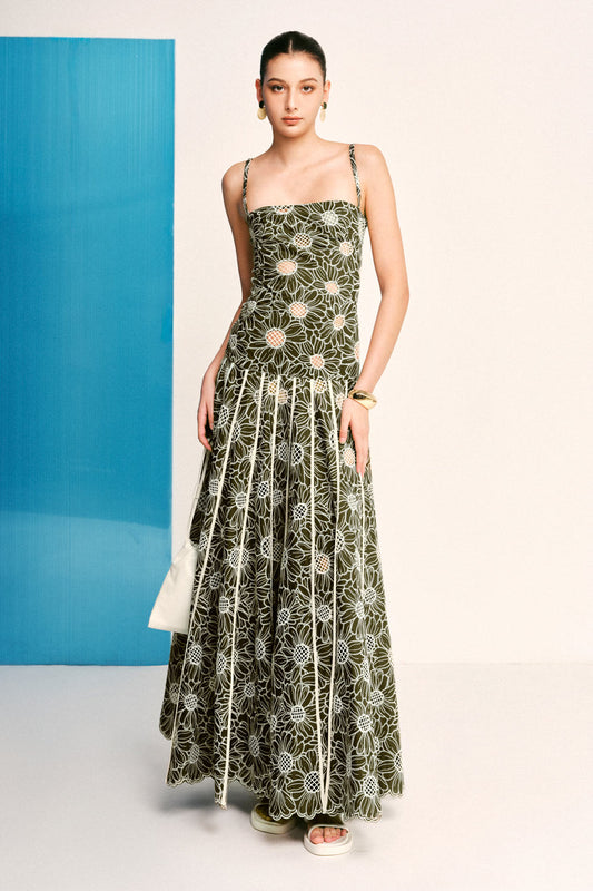 Sunflower Drop Waist Square Neck Embroidered Cotton Maxi Dress