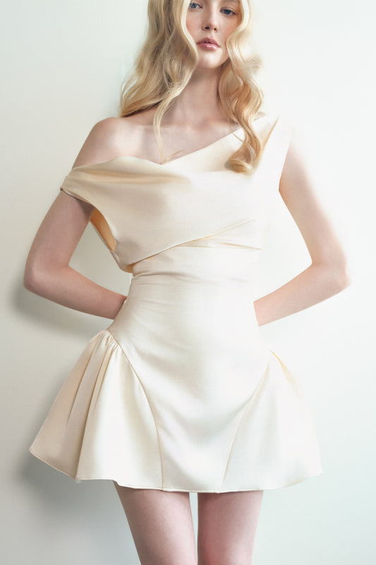 Vivi A-line Asymmetric Shoulder Silk Lace Mini Dress