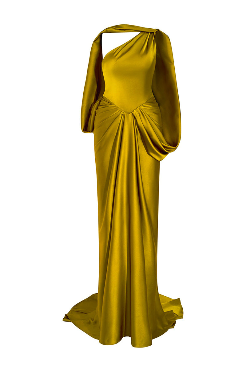 Women's Goddess Draped Maxi Dress Mustard Gold Customize MEAN BLVD Women's Goddess Draped Maxi Dress Mustard Gold Customize MEAN BLVD