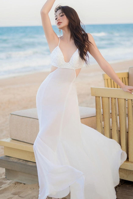 Leria Trumpet Cut-Out Silk Chiffon Ankle Length Dress - MEAN BLVD