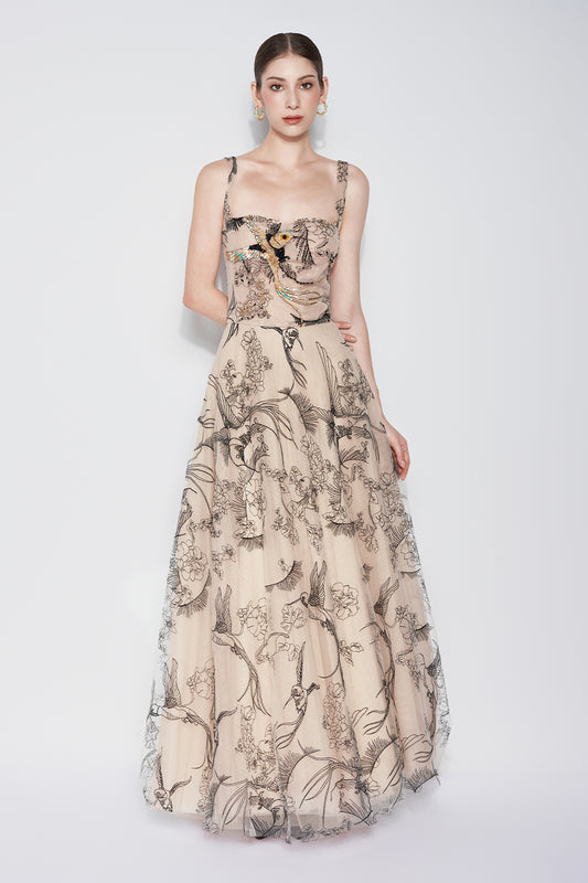 Timeless Crane A-line Semi-Heart Neck Tulle Maxi Dress