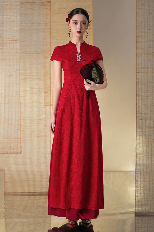 Bach Ngoc A-line Cape Sleeved Brocade Floor Length Ao Dai Set