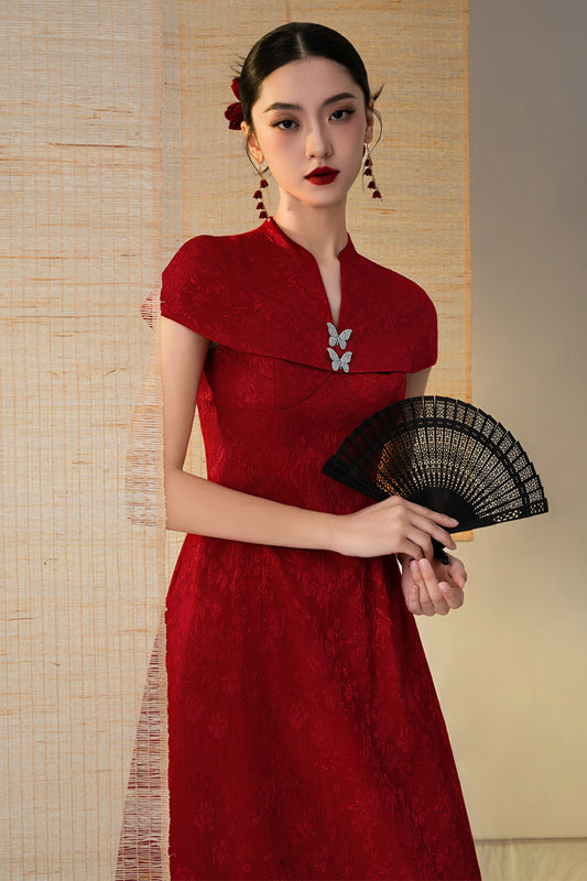 Bach Ngoc A-line Cape Sleeved Brocade Floor Length Ao Dai Set