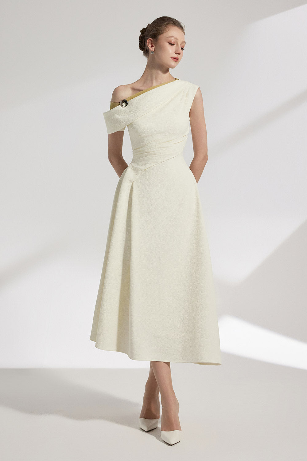 Women's Elan A-line Diagonal Neck Texture Midi Dress XS/S/M/L/XL/Customize Cream MEAN BLVD Cream / L Women's Elan A-line Diagonal Neck Texture Midi Dress XS/S/M/L/XL/Customize Cream MEAN BLVD Cream / L