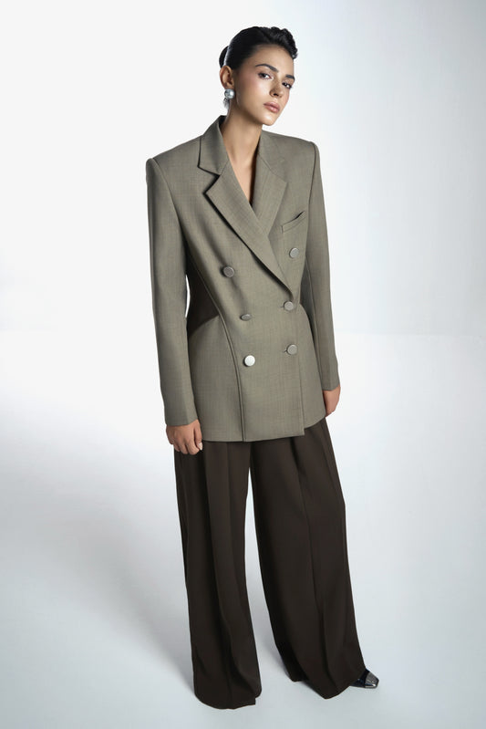 Della Straight Double Breasted Khaki Blazer