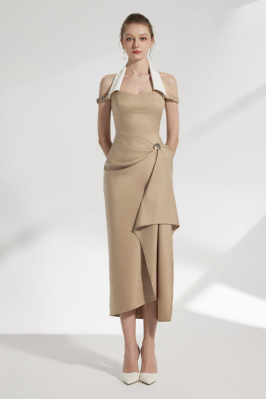 Elix Sarong Cold Shoulder Sleeved Twill Silk Midi Dress