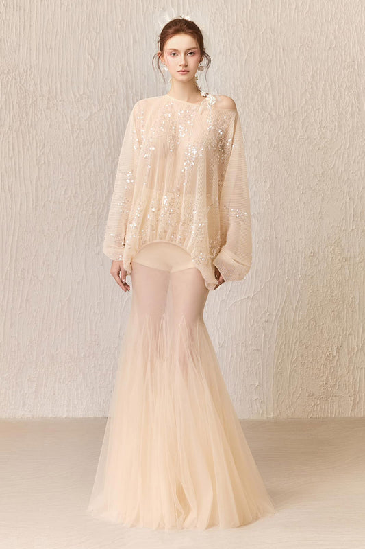 Grace Gored See-Through Tulle Floor Length Skirt