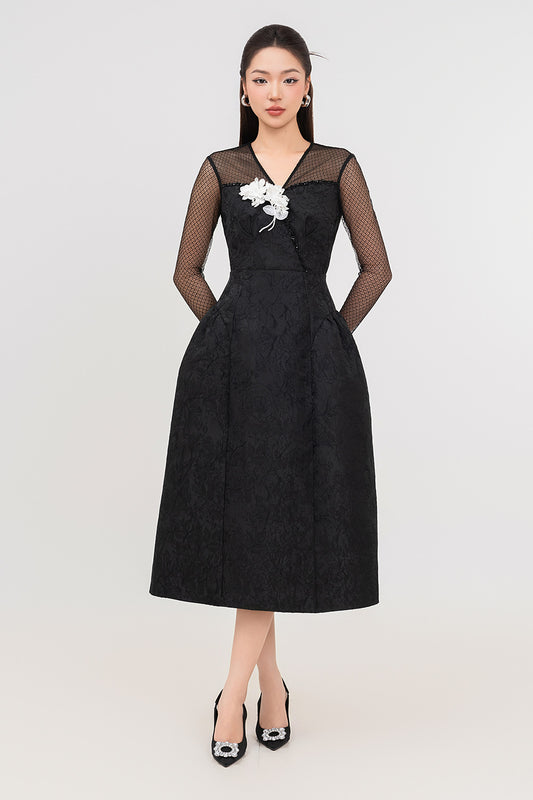 Orchid A-line V-Neck Jacquard Calf Length Dress