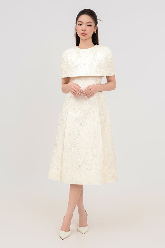 Sophia A-line Cape Shoulder Jacquard Calf Length Dress
