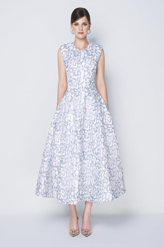 Azure Dream Fit and Flare Sleeveless Taffeta Midi Dress