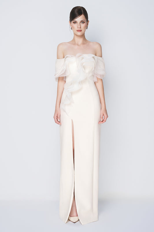 Camellia Slit Off-Shoulder Cotton Floor Length Dress