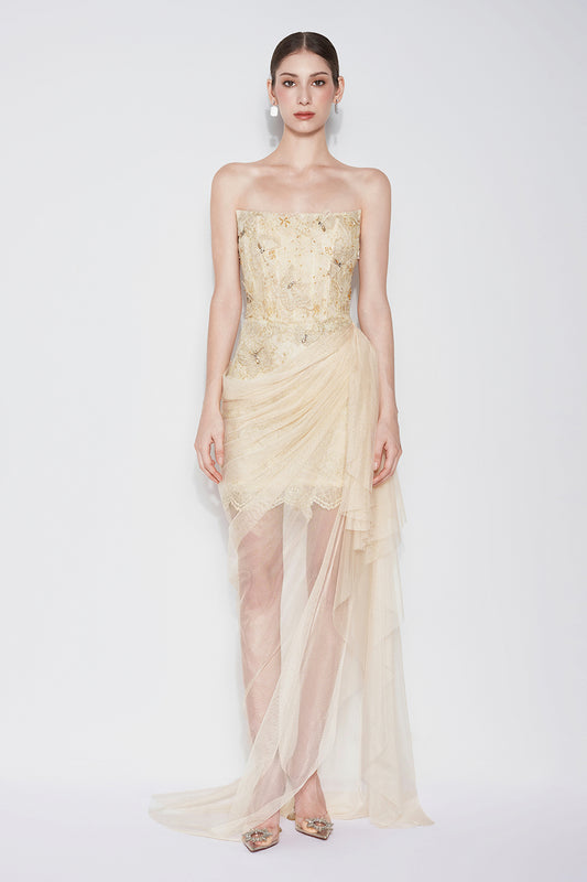 Butterfly Reverie Sarong Semi-Heart Neck Lace Floor Length Dress