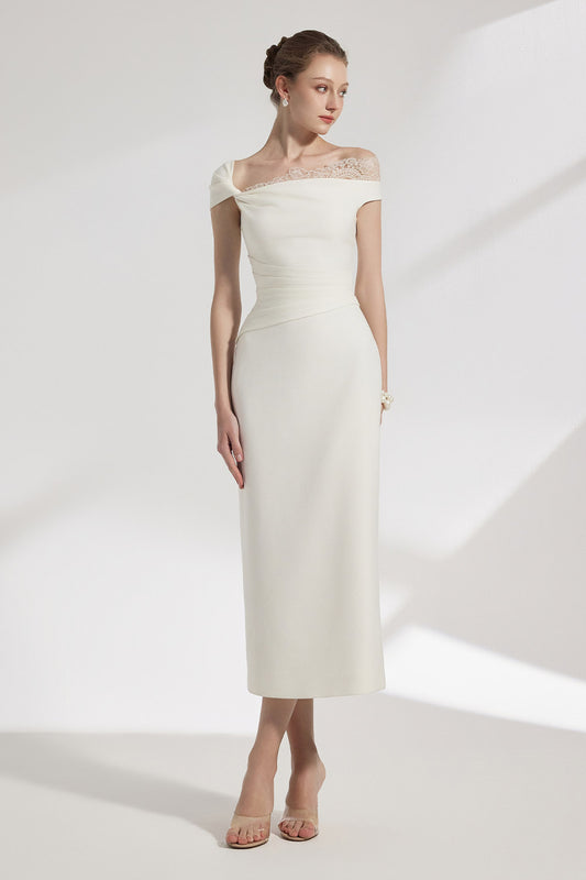 Elysian Sheath Asymmetric Sleeved Brocade Midi Dress