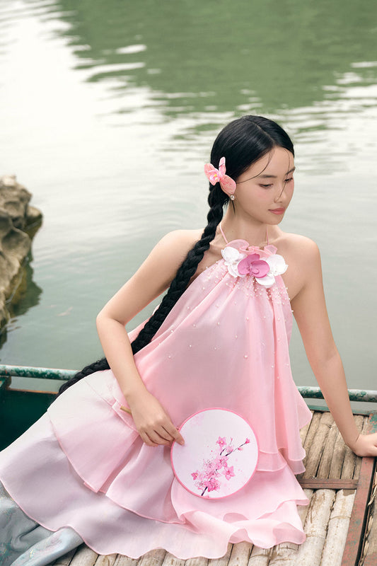 Nhat Lan Layered Backless Brocade Organza Floor Length Dress