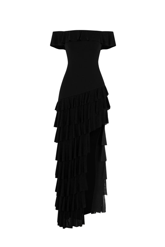 Queen Asymmetric Ruffle Layer Cotton Spandex Maxi Dress