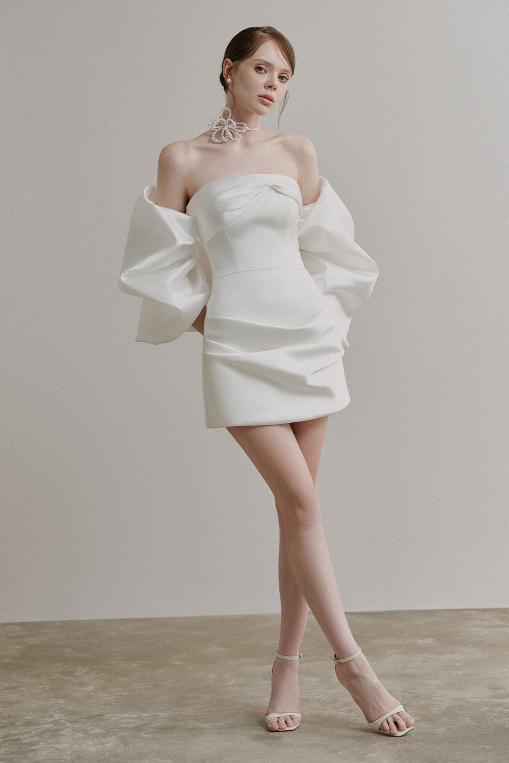 Women's Melanie A-line Open Shoulder Duchess Satin Mini Dress S/M/L/Customize Off White MEAN BLVD Off White / S Women's Melanie A-line Open Shoulder Duchess Satin Mini Dress S/M/L/Customize Off White MEAN BLVD Off White / S