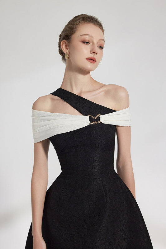 Noir Fit and Flare Diagonal Neck Jacquard Mini Dress