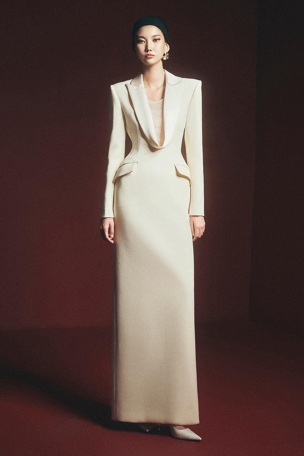 Women's Miranda Sheath Peak Lapel Polyester Floor Length Dress S/M/L/XL/Customize Cream MEAN BLVD Cream / XL Women's Miranda Sheath Peak Lapel Polyester Floor Length Dress S/M/L/XL/Customize Cream MEAN BLVD Cream / XL