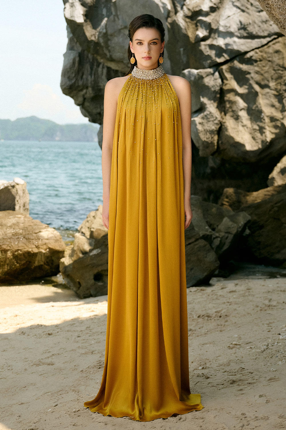 yellow high neck dress Women's Catalina Straight High Neck Silk Floor Length Dress XS/S/M/L/XL/XXL/Customize/Yellow/MEAN BLVD Yellow / S