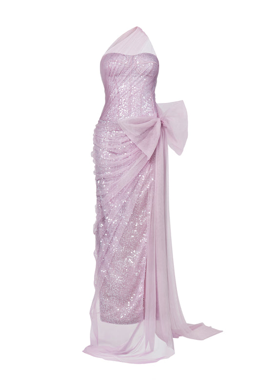 Luminelle Slit Extended Flap Mesh Lace Floor Length Dress