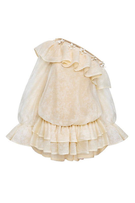 Lavallière Asymmetric Neck Applique Mini Dress