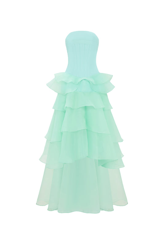 Cascade Straight Across Ruffle Maxi Dress