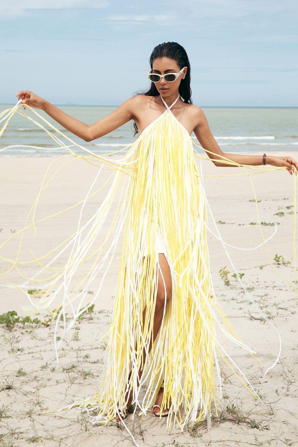 yellow fringe dress HALTER NECK FRINGED DRESS IN Yellow | Valenciani