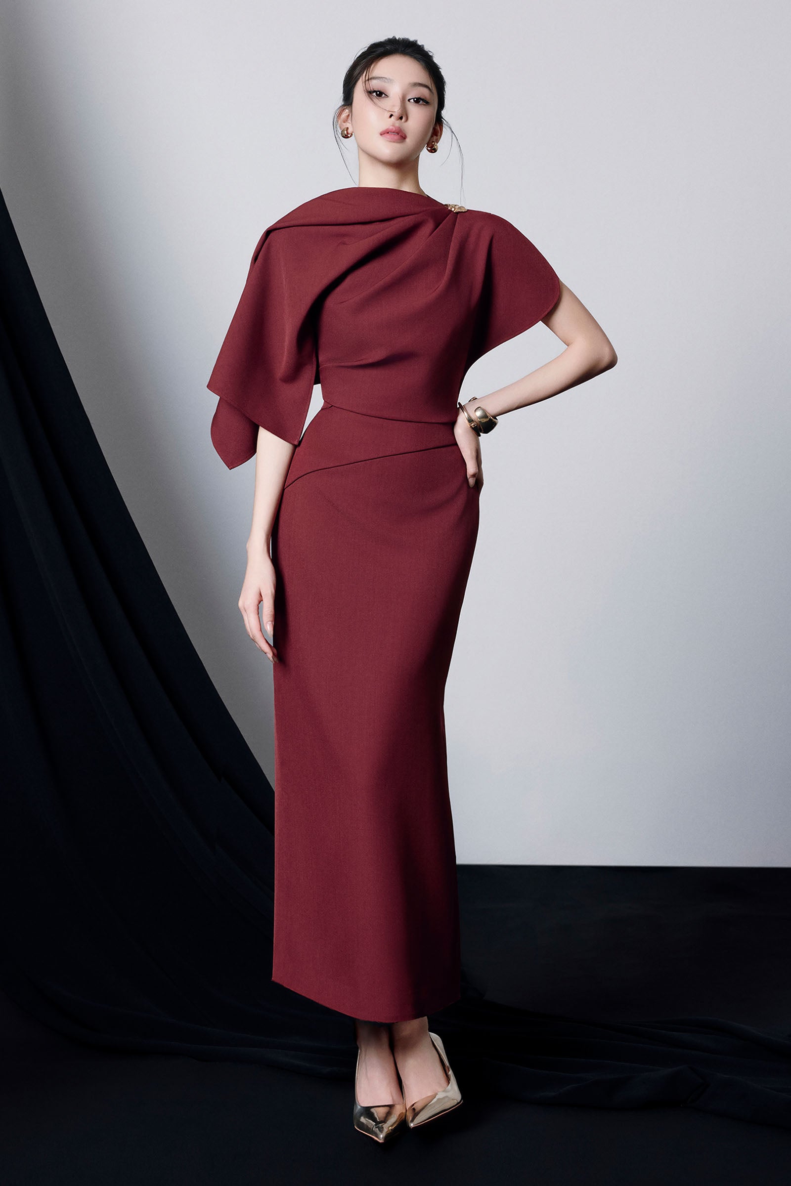 Women's Agnes Asymmetric Sleeve Draped Midi Dress XS/S/M/L/XL/Customize Rio Red MEAN BLVD Women's Agnes Asymmetric Sleeve Draped Midi Dress XS/S/M/L/XL/Customize Rio Red MEAN BLVD
