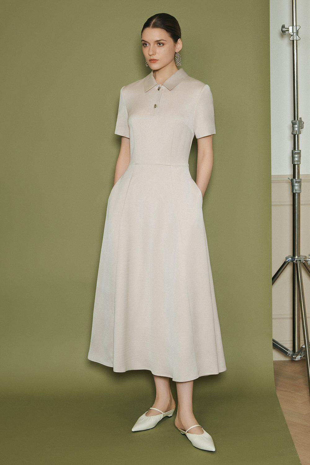 Women's Alba Collared Button Midi Dress S/M/L/Customize Cream MEAN BLVD