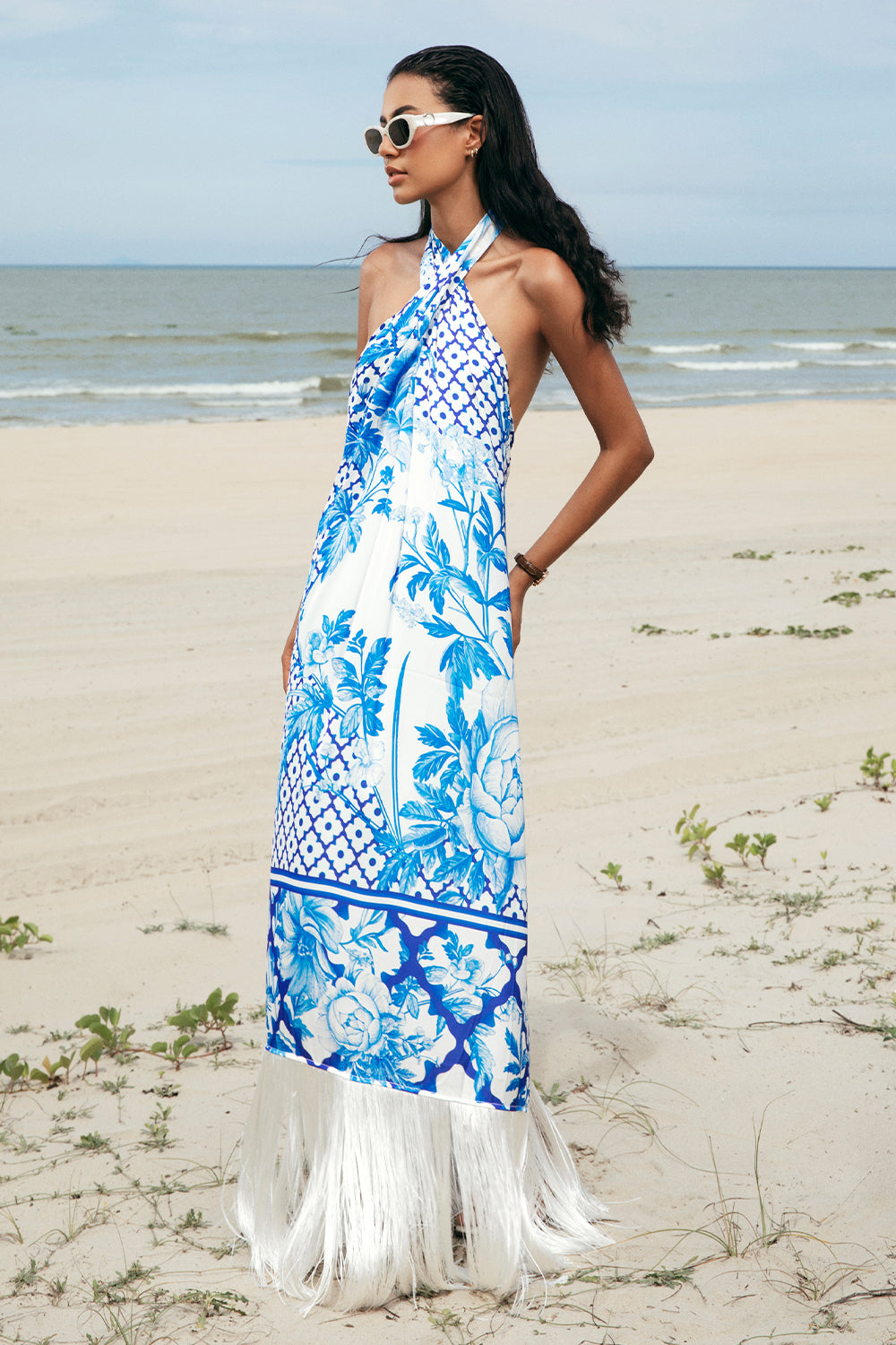 Women's Aldora Fringe Maxi Dress Blue & White S/M/L/XL/XXL MEAN BLVD