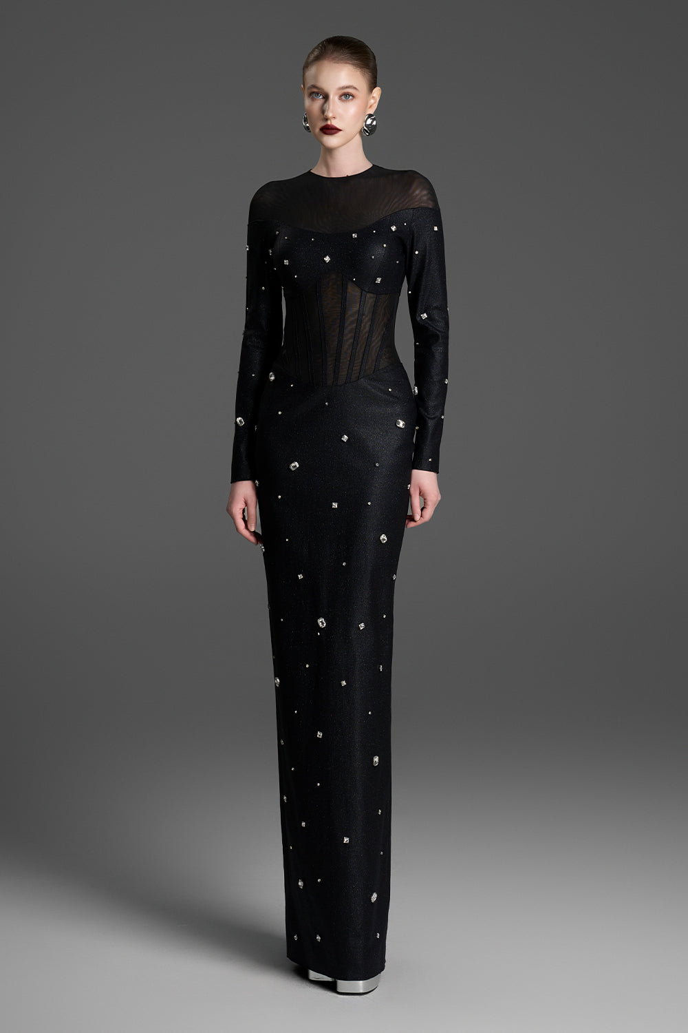 Women's Alessia Mock Neck Rhinestones Maxi Dress XXS/XS/S/M/L/XL/XXL/Customize Black MEAN BLVD Women's Alessia Mock Neck Rhinestones Maxi Dress XXS/XS/S/M/L/XL/XXL/Customize Black MEAN BLVD