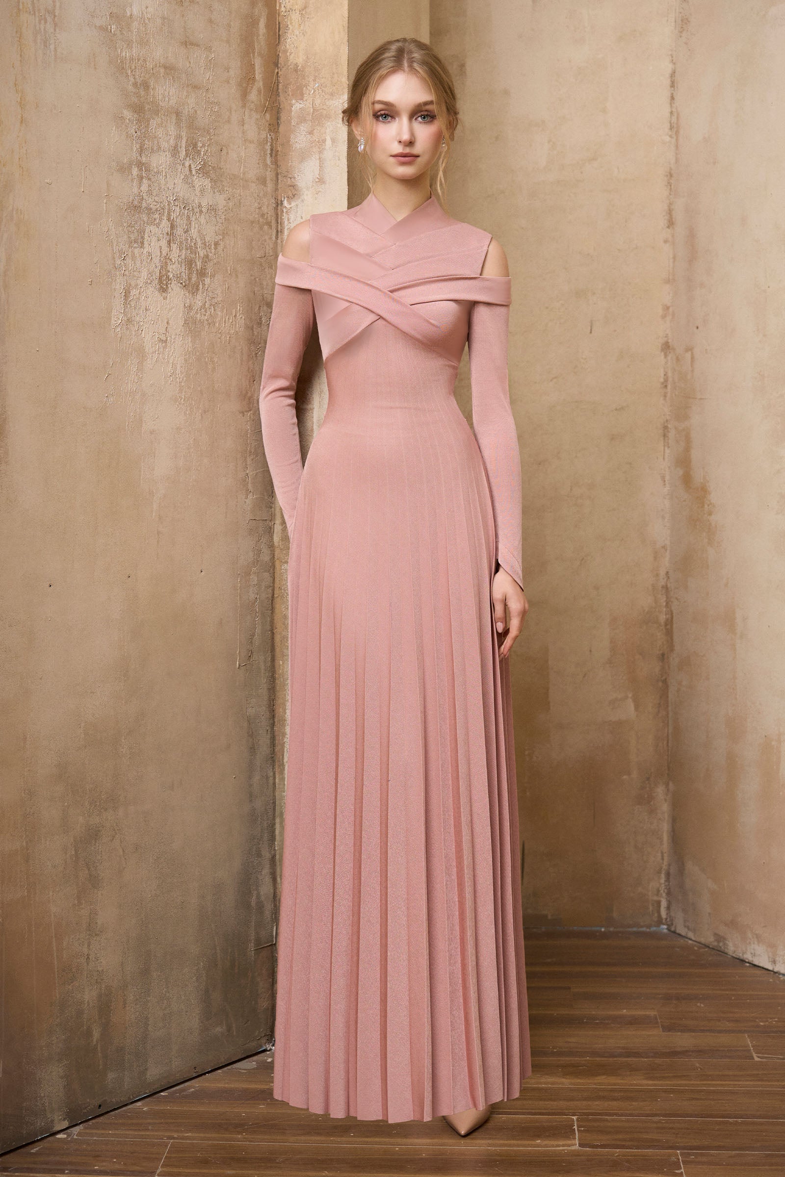 Women's Amandine Cold Shoulder Sleeve Maxi Dress Pastel Pink  S/M/L/Customize MEAN BLVD