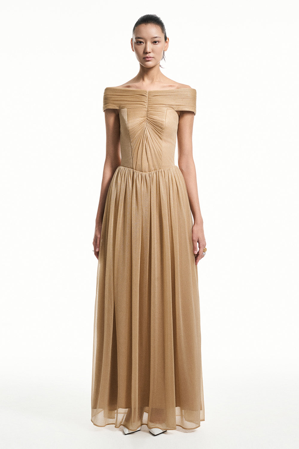 tan off the shoulder dress Arden Off-Shoulder Gathering Maxi Dress