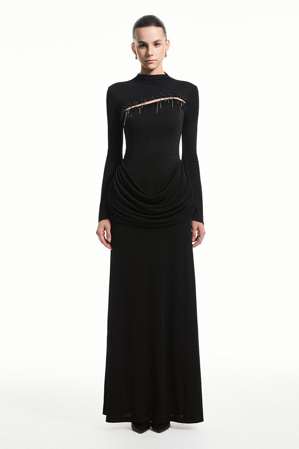 Women's Aster High Neck Fringe Maxi Dress S/M/L/XL/Customize Black/White MEAN BLVD Women's Aster High Neck Fringe Maxi Dress S/M/L/XL/Customize Black/White MEAN BLVD