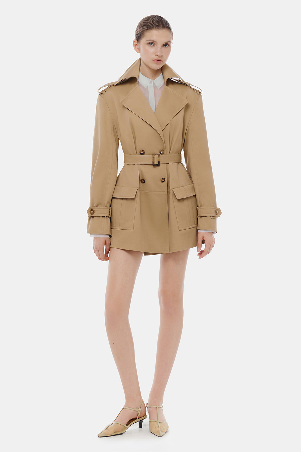 trench coat mini dress Women's Aurelie Collared Button Mini Dress XS/S/M/L/XL Khaki MEAN BLVD