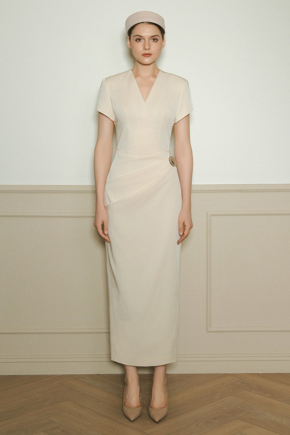 Women's Aurora V-Neck Draped Midi Dress S/M/L/Customize Cream MEAN BLVD Cream / M