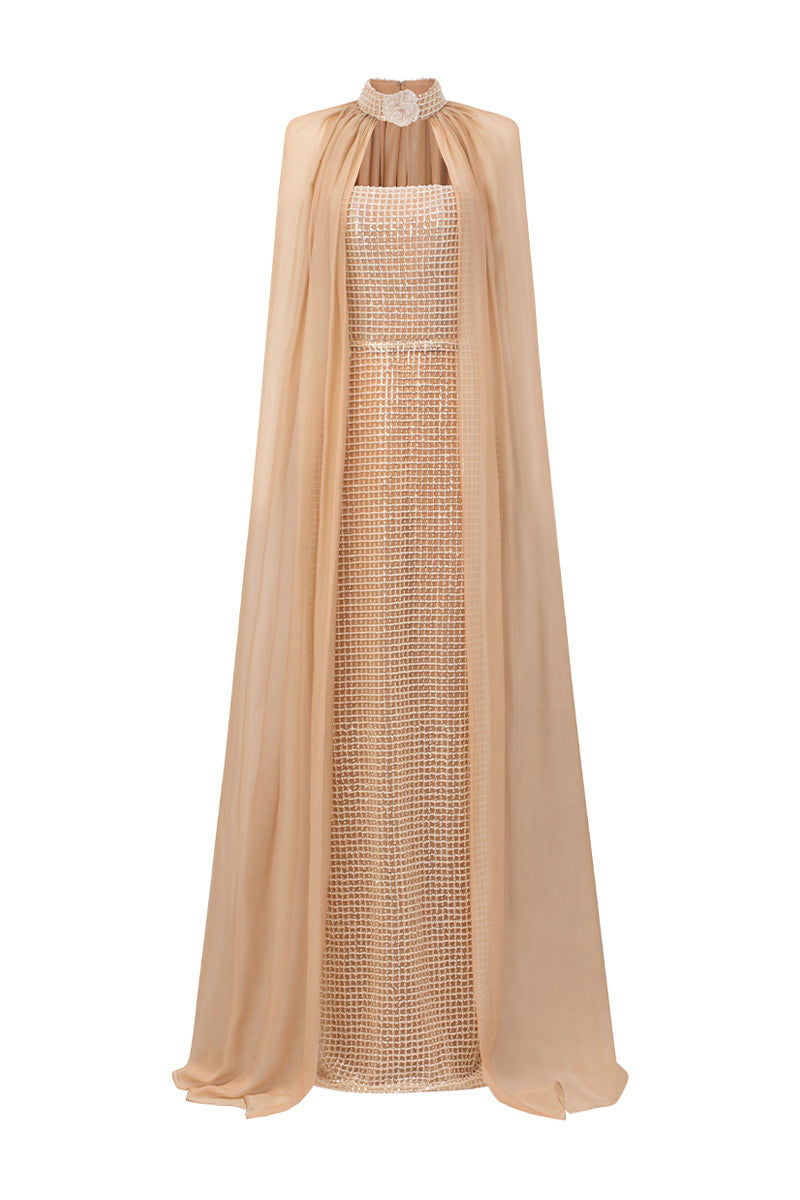 Women's Avianna Cape Sleeves Bead Maxi Dress XS/S/M/L/XL/XXL/Customize  Sand/White MEAN BLVD